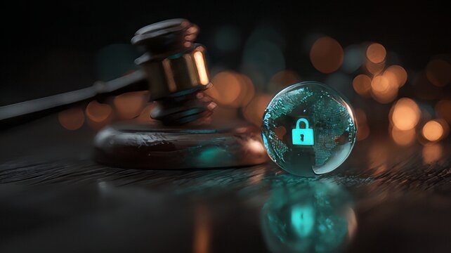 Cyber law, data privacy regulation, and digital security compliance. It combines traditional legal symbols with modern technology to show how the law protects digital data.