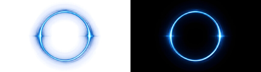 Blue glowing circle light ring frame shining brightly on black background as isolated png with transparent background © Tanay