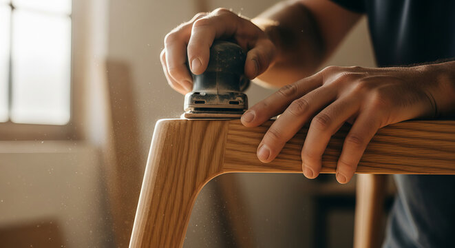 carpenter hands sanding a wooden chair in a workshop using an electric orbital sander