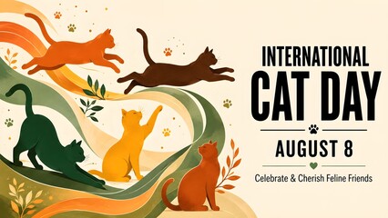 Fototapeta premium International cat day banner with stylized silhouettes of cats in various colors and poses, celebrating feline friends on august 8th