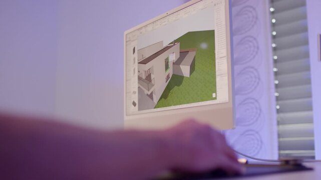 Designer working on 3D house model on computer screen