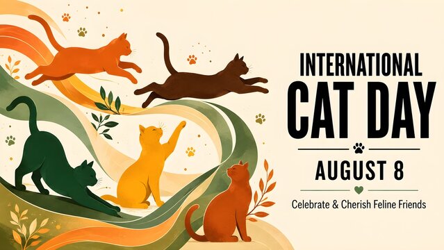 International cat day banner with stylized silhouettes of cats in various colors and poses, celebrating feline friends on august 8th