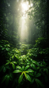 Sunlight Beaming Through Lush Tropical Rainforest Jungle Canopy
