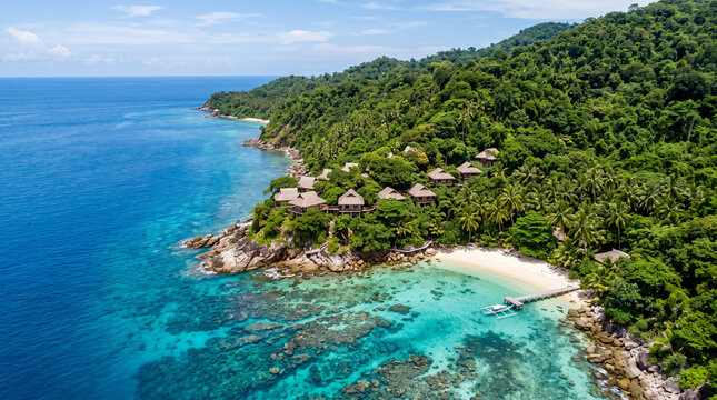 Aerial view of a vibrant blue lagoon surrounded by coral reefs and dense coastal jungle in Raja Ampat, Indonesia.