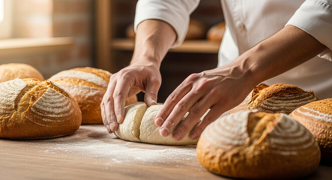 Baker Hands Kneading Fresh Dough on Floury Wooden Table with Artisan Bread Loaves