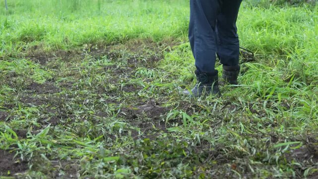 刈った草を集める男性