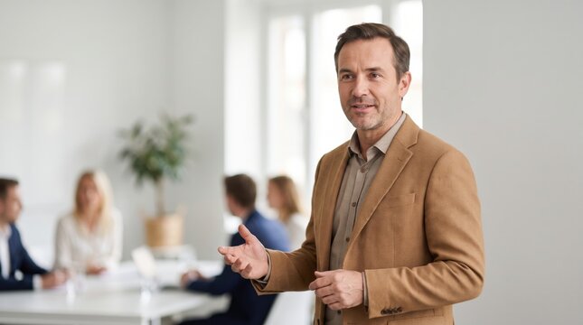Business people in a meeting discussing strategies in a modern office environment with a focus on a confident partner leading the conversation, colleagues in the background