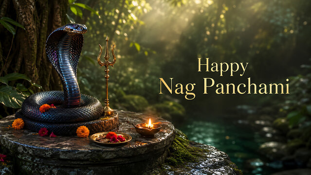 Sacred cobra altar with golden trident oil lamp and flowers celebrating nag panchami devotion to mahadev in peaceful sunlit forest setting scene