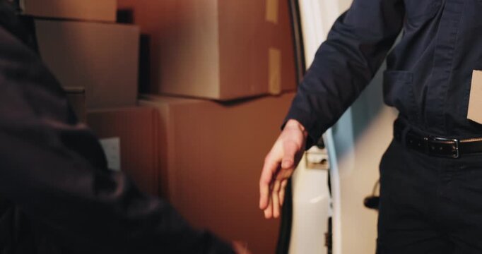 Handshake, boxes and deliveryman with client by van for supply chain, distribution or cargo. Cardboard parcel, shipping and logistics worker shaking hands with customer for order by transport.