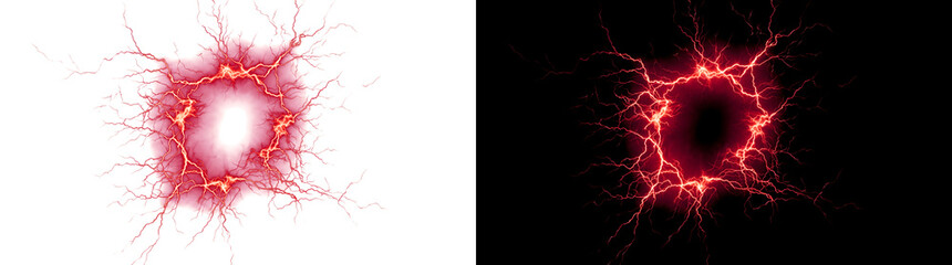 Red electric lightning forming a circular energy ring crackling intensely as isolated png with transparent background © Tanay