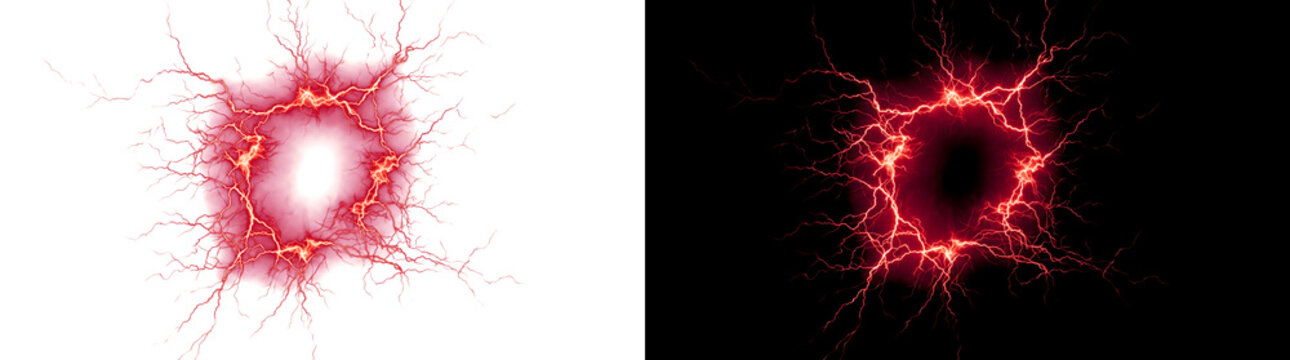 Red electric lightning forming a circular energy ring crackling intensely as isolated png with transparent background