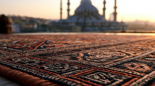 Prayer Mat Facing Mosque at Sunrise: A close-up view of an intricately patterned prayer mat on a rooftop, with a majestic mosque silhouetted against the golden hues of sunrise in the background.