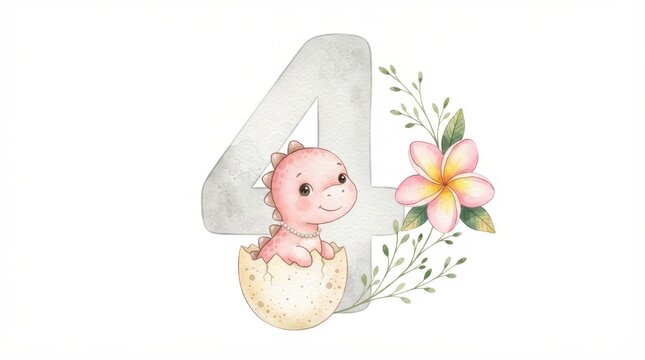 Cute baby dinosaur hatching from egg with number four isolated on white background