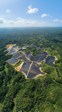 Aerial view of Sikatuna Solar Power Plant with rows of solar panels integrated into the lush green hilly landscape under a blue sky Sikatuna, Central Visayas, Philippines.