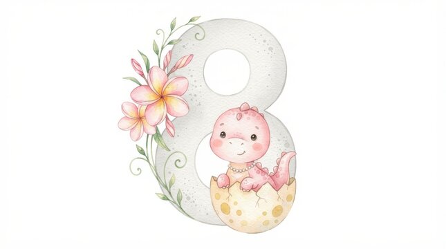 Cute watercolor baby dinosaur hatching from egg with number 8 isolated on white background