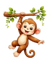Obraz premium Cute cartoon monkey hanging from leafy tree branch