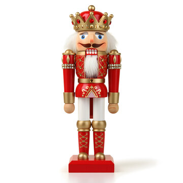 A regal wooden nutcracker soldier in a vibrant red and gold costume, exuding a festive holiday spirit.
