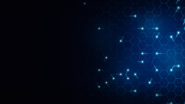 Abstract blue digital background featuring glowing nodes and hexagon patterns representing data connectivity and innovation