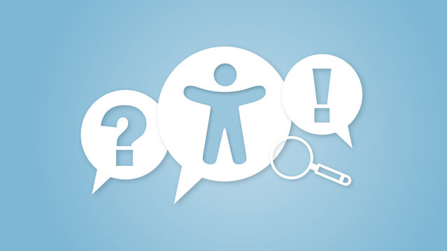 Conceptual image with accessibility icon, question mark, exclamation mark, and magnifying glass on blue background, representing customer support, help desk, and problem solving.