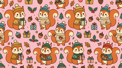 Fototapeta premium Seamless pattern with cute cartoon squirrels in winter outfits, holding festive gifts, acorns, and pinecones on a charming pink background