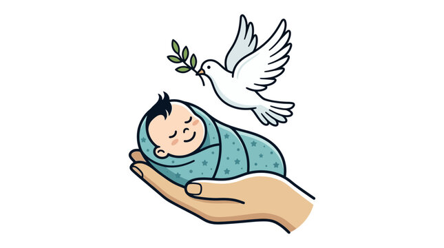 Illustration of a Sleeping Newborn Baby Held in a Gentle Hand with a Peace Dove and Olive Branch Above