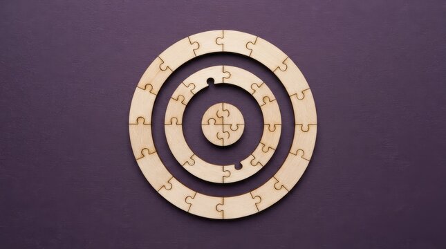 Wooden circular puzzle pieces arranged in concentric rings