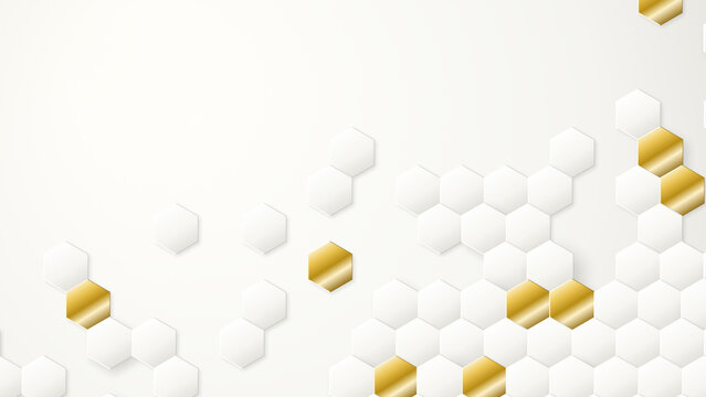 Modern Data Technology Background Featuring Metallic Gold and White Hexagonal Tiles Representing Connectivity and Growth