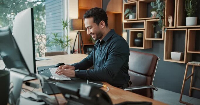 Happy, employee and man with computer in office, info or financial planner with research on website. Corporate, wealth management and business person with technology, online and smile for project