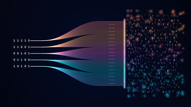 Digital Data Streaming Concept Visualizing Binary Information Transformation Through Futuristic Network Infrastructure Technology