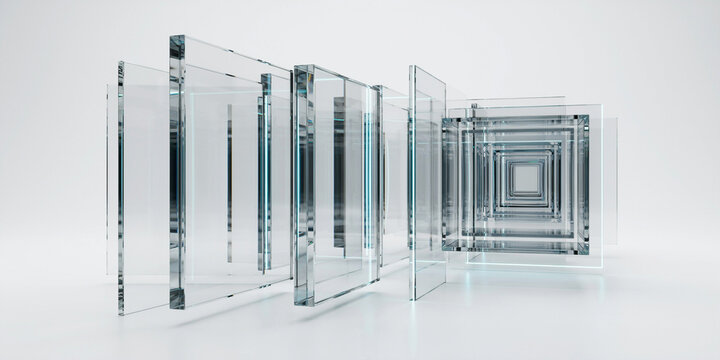 Transparent glass rectangles arranged in a perspective tunnel on white surface