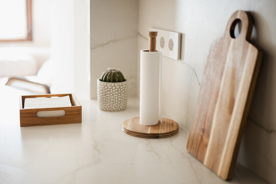 Modern apartment kitchen counter with paper towel holder
