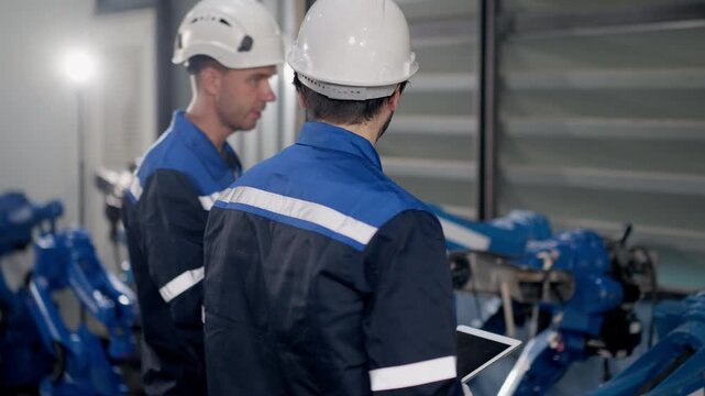 Back side of Two robotics technicians inspect welding torch and test on customized robotic arm in warehouse, using tablet for inspection, robot calibration before shipment.