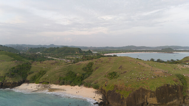 Aerial view of Kuta Lombok coast and grazing cattle