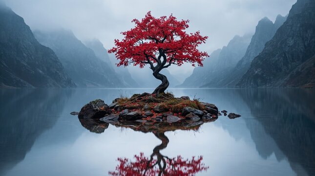 Moody landscape showing bright red tree surrounded by foggy mountains