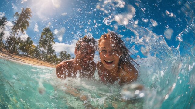 Beach selfie couple enjoying a sun drenched day at the beach. Couple selfie individuals enjoying the water during a bright sunny day.