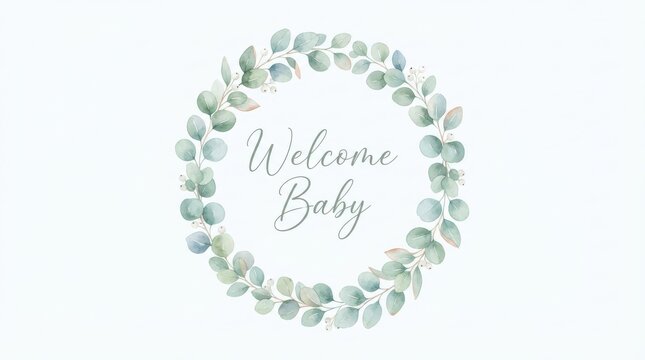 Watercolor eucalyptus wreath with welcome baby text isolated on white background