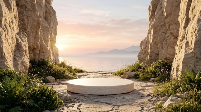 Round stone product display podium in beautiful sunset coastal landscape