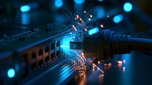 3D Render of Industrial Battery Energy Storage Container Bursting with Golden Plasma Arcs for Renewable Grid Power Concept
