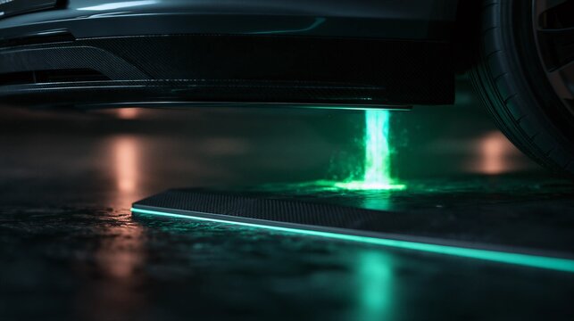 3D Render of Wireless Inductive EV Charging Pad Emitting Glowing Green Magnetic Energy Beams for Clean Transport Concept
