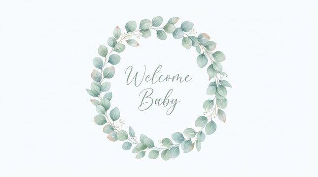 Watercolor eucalyptus wreath with welcome baby text isolated on white background