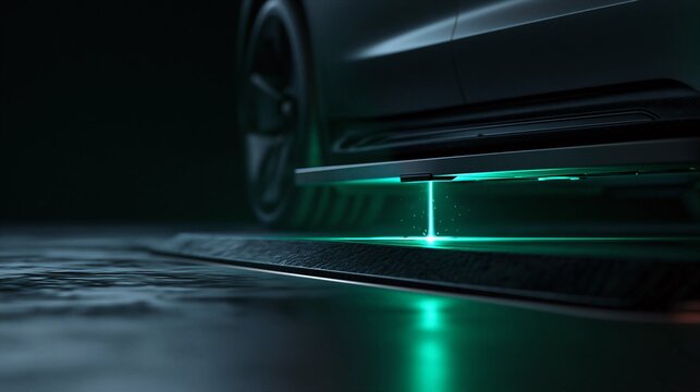 3D Render of Wireless Inductive EV Charging Pad Emitting Glowing Green Magnetic Energy Beams for Clean Transport Concept
