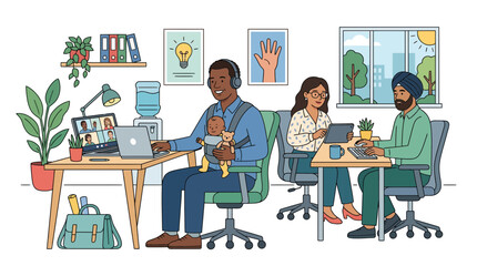 Obraz premium Diverse colleagues working remotely with children, modern office scene