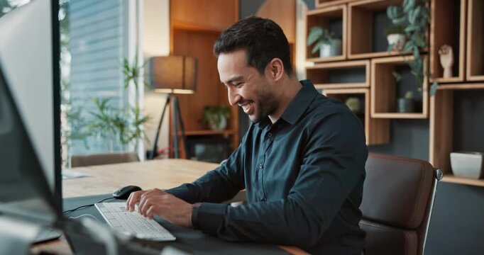 Excited, man and celebration with computer in office for IPO launch, trade success and good news. Happy, trader and fist pump at tech for stock market increase, investment profit and financial growth