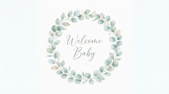 Watercolor eucalyptus wreath with welcome baby text isolated on white background