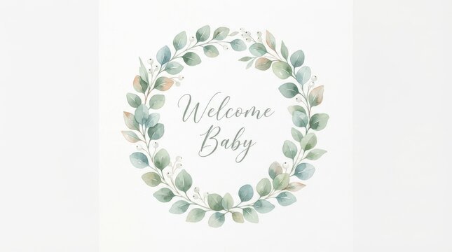 Watercolor eucalyptus wreath with welcome baby text isolated on white background
