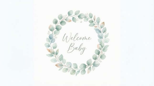 Watercolor eucalyptus wreath with welcome baby text isolated on white background