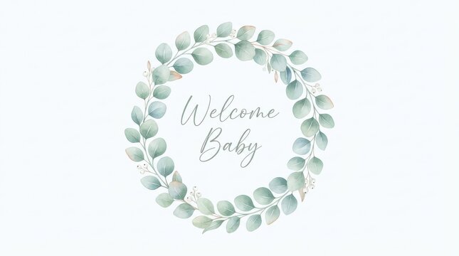 Watercolor eucalyptus wreath with welcome baby text isolated on white background
