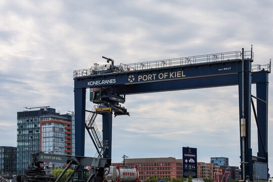 Kiel, Germany - 02. July 2026: Konecranes gantry crane operating at Port of Kiel Germany