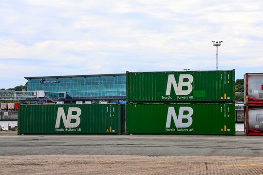 Kiel, Germany - 02. July 2026: Containers of Nordic Bulkers AB at Norwegenkai Kiel Germany