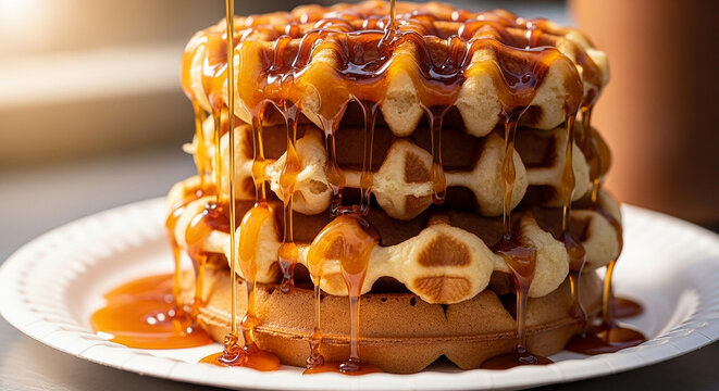 Stack of Golden Waffles Drizzled with Maple Syrup on a White Plate